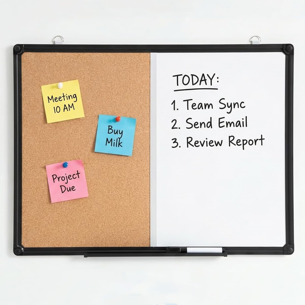 DexBoard Magnetic White Board and Cork Board Combo, 24" x 18" Combination Bulletin & Dry Erase Board, Wall Mounted for Home, School and Office, Black Aluminum Frame