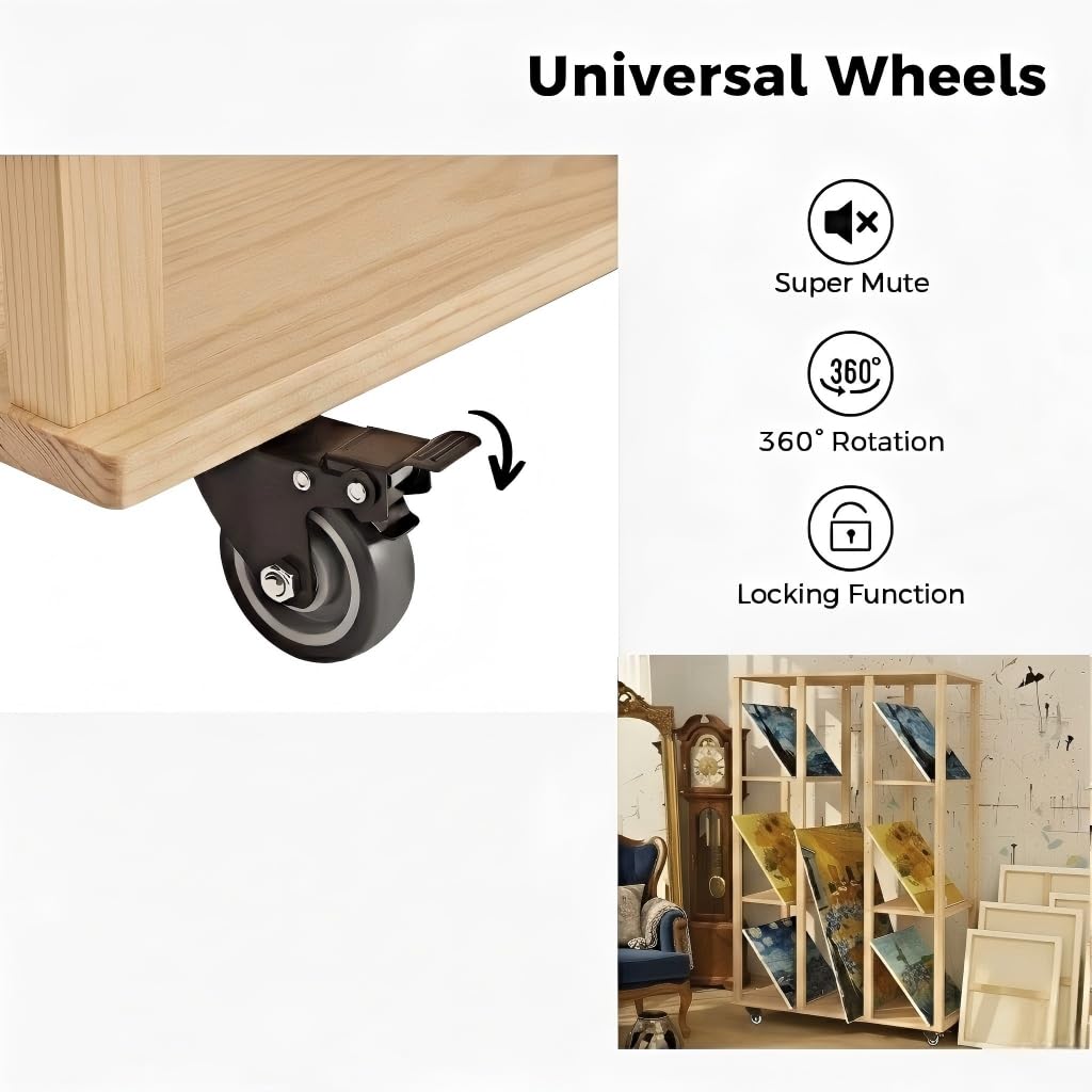 MOOFI Extra-Large Art Storage Rack with Wheels, Adjustable Display Wooden Drying Rack for Canvas, Panels, Prints and Artworks, Multi-Tier Art Organizer for Galleries, Classroom, Studios (Natural)