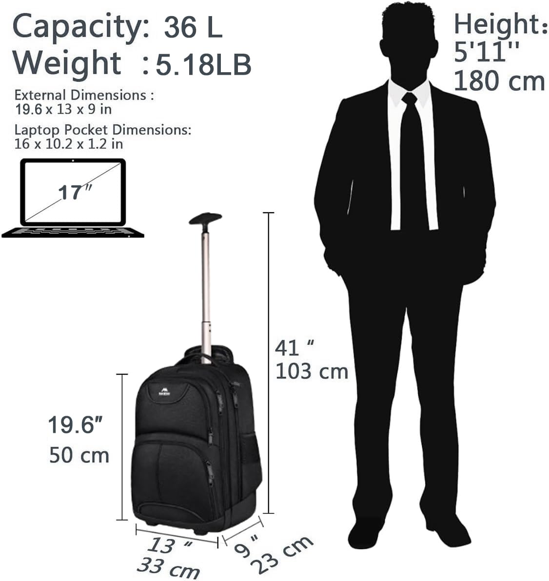 MATEIN Rolling Backpack, 17 inch Water Resistant Wheeled Laptop Backpack, Carry on Luggage Business Bag, Overnight College Computer Bag Trolley Suitcase for Men Women Adults to Travel, Black