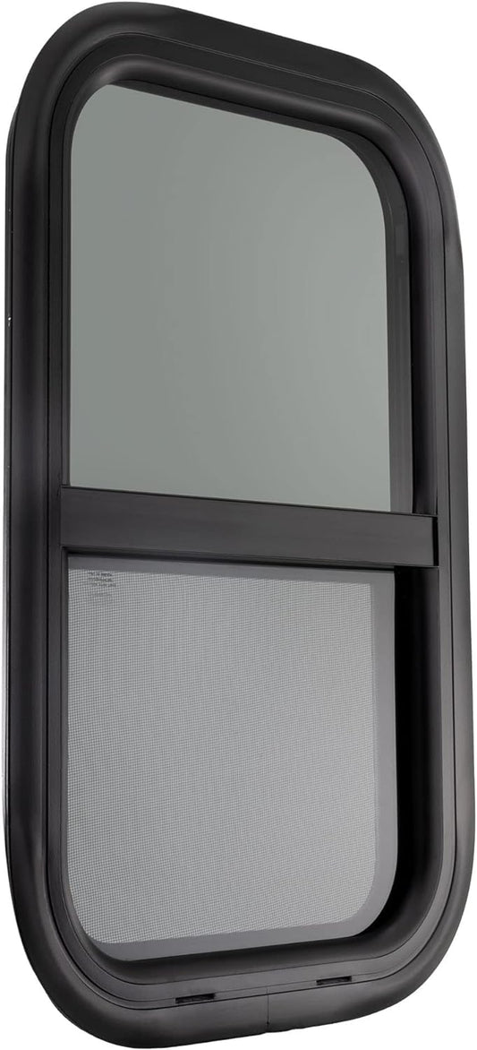 RecPro RV Window Replacement | Teardrop Style | 14inW x 22inH | Vertical Sliding | Black | Model RP-WIN