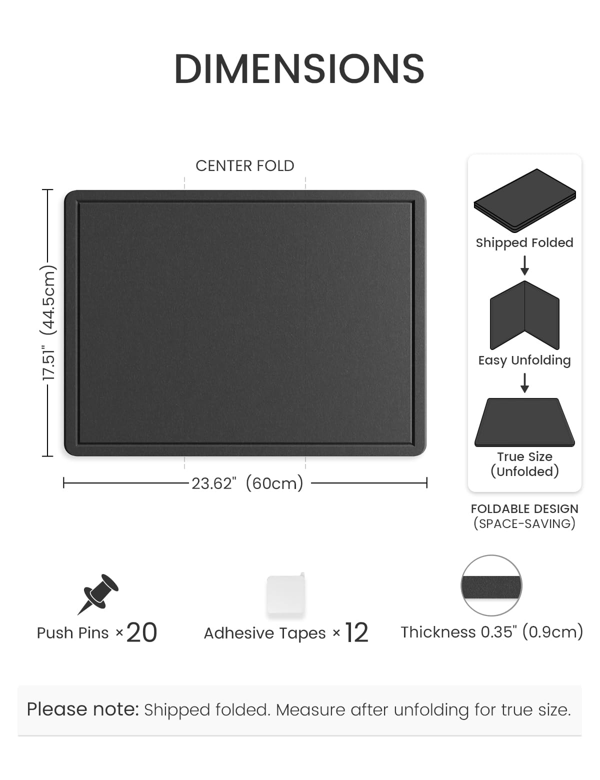 Fluxynara Bulletin Board, 23.6" x 17.5" Cork Board Alternative with 12 Safe Removable Adhesive Tabs, Foldable Felt Pin Board for Home Office, Classroom, Bedroom,Entryway for Walls—Black