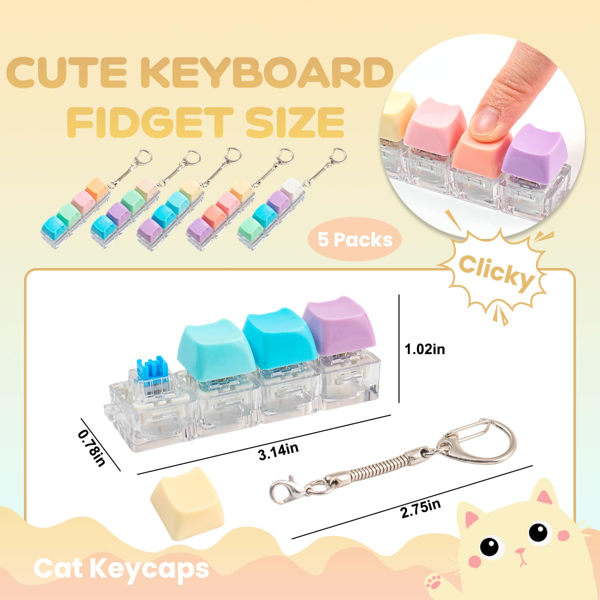 5Pcs Keyboard Fidget Toy, Loud Fidget Keyboard Keychain 4-in-1 Keyboard Clicker Fidget Toy Stress Relief, Cute Button Clicker Fidget Sensory Fun Toys for Anxiety Decompression (Cat)