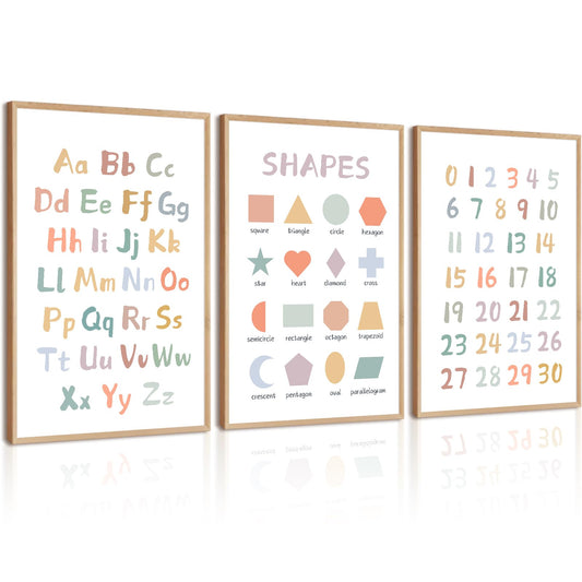 Kids Playroom Wall Art Decor Nursery ABC Alphabet Poster Play Room Canvas Wall Decor Toddler Childrens Educational Artwork Numbers Shapes Prints ABC Picture for Playroom 12x16 Inch Unframed Set of 3