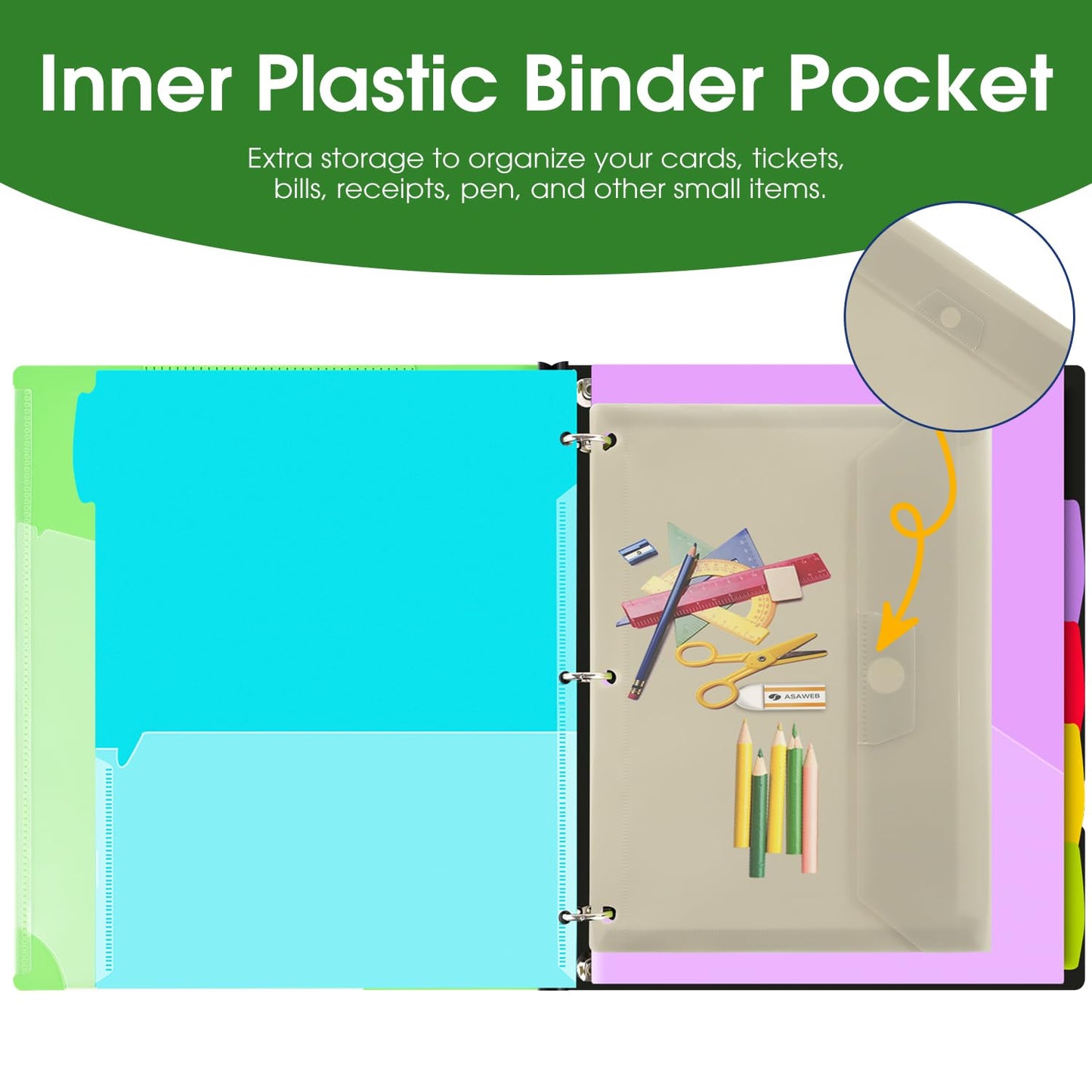 INFUN 1 Inch Telescoping Project Organizer Binder-2PCS,13 Pocket, Customizable Front Cover, 5 Colors Pocket Divider and Plastic Binder Pocket，225 Sheet Capacity-Green