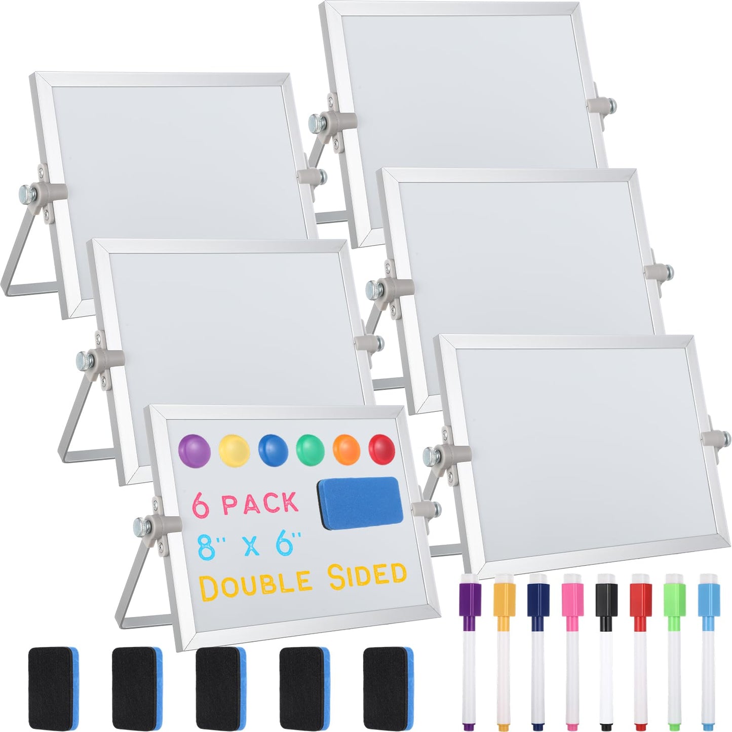 6 Pcs Small Dry Erase White Board with Stand 6 x 8'' Double Sided Magnetic Tabletop Whiteboard Mini Dry Erase Easel Board with 8 Markers 6 Magnets 6 Eraser for Drawing Office School Home