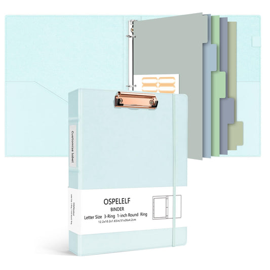 Ospelelf 3 Ring Binder 1 Inch Vintage Hardcover, Leather Binder Organizer for Letter Size, Professional Clipboard Binders with Dividers and Tabs, Blue