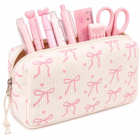 LEDAOU Cute Pencil Case for Kids Girls Boys Pencil Pouch kawaii Pen Pencil Box Bag Holder for School Students (Corduroy Pink Bow)