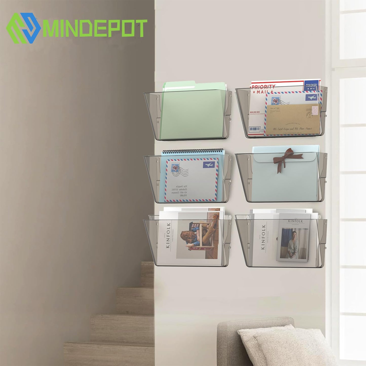 MINDEPOT 6 Pockets Acrylic Wall File Organizer, Clear Wall File Holder, Plastic Hanging Wall File Holder for Office, School and Home, Smoky