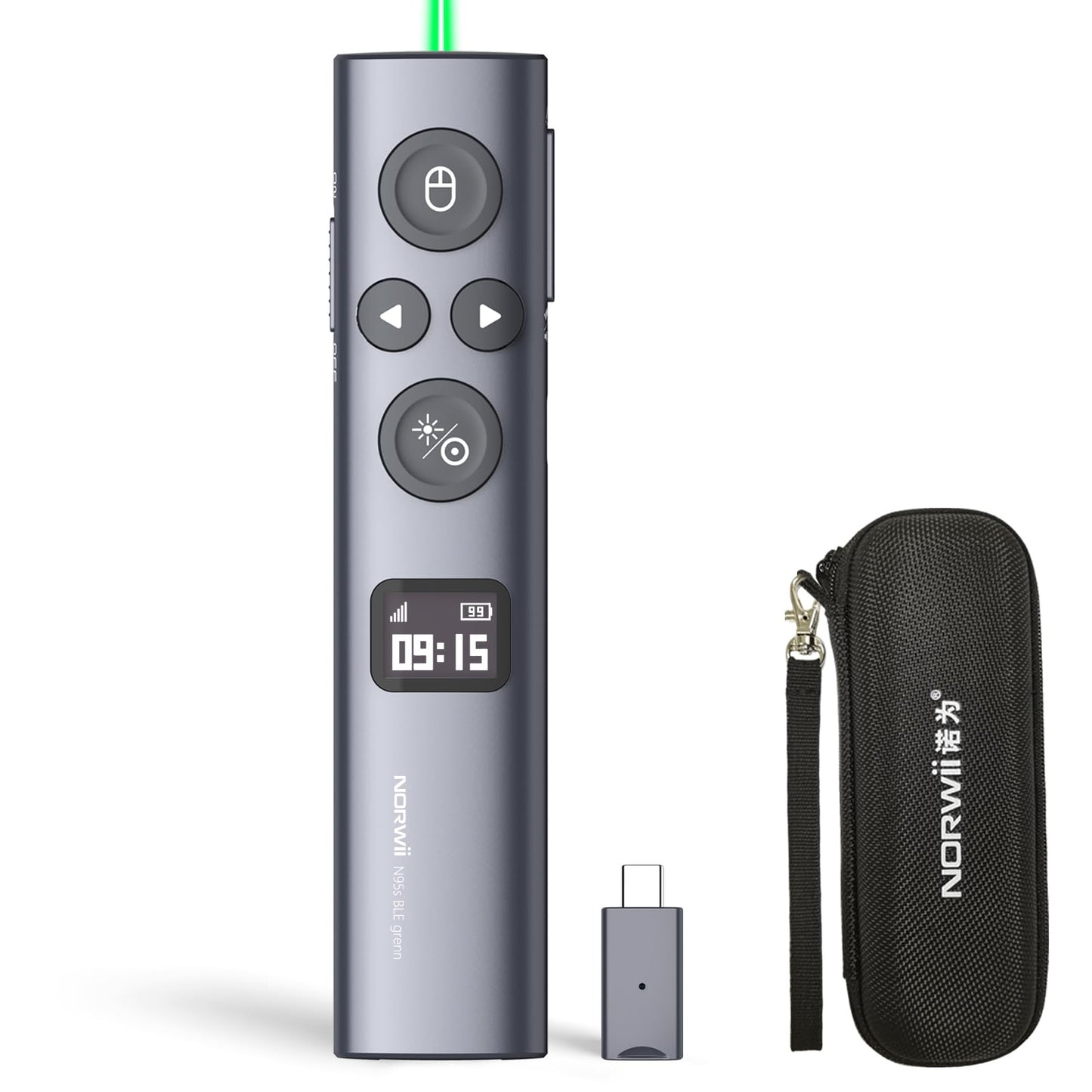 Norwii N95s BLE Presentation Clicker with Digital Pointer for PowerPoint Presentation on TV Screen and Projection Screen, Wireless Presenter Remote with Countdown Timer (Green Light-USB-C)