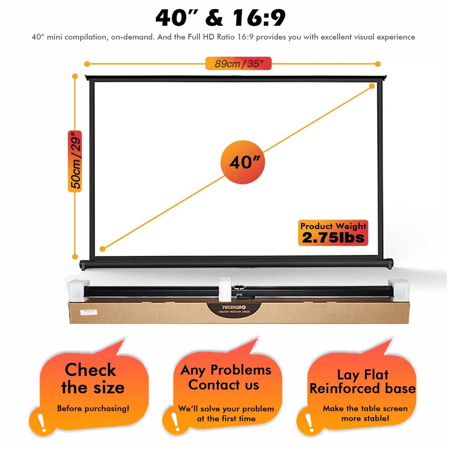 40" Inch Portable Projection Screen16:9 Small Retractable Floor Standing Mobile Tabletop Screen with Stand Lightweight Carry & Durable for Schools Meeting Indoor Outdoor