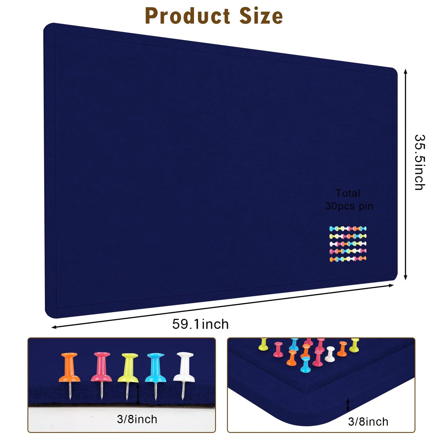 Large Bulletin Board, 60 X 36 inches Cork Board with 30 Pushpin, 5' x 3' Felt Cork Board Notice Pin Board, Self-Adhesive Vision Board Mood Board Foldable Photo Board for Wall - Dark Blue