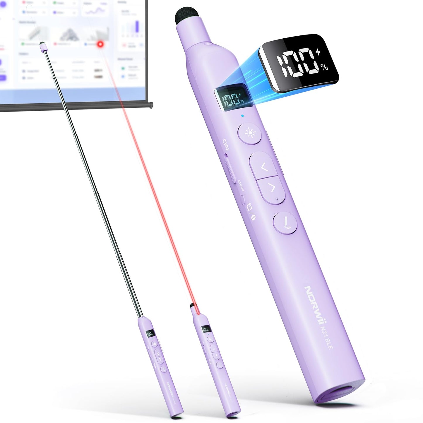 Norwii N21 Bluetooth Presentation Clicker with Telescopic Teaching Pointer, Presentation Remote with Retractable Stick for PowerPiont, Wireless Presenter, Slide Advancer - Purple