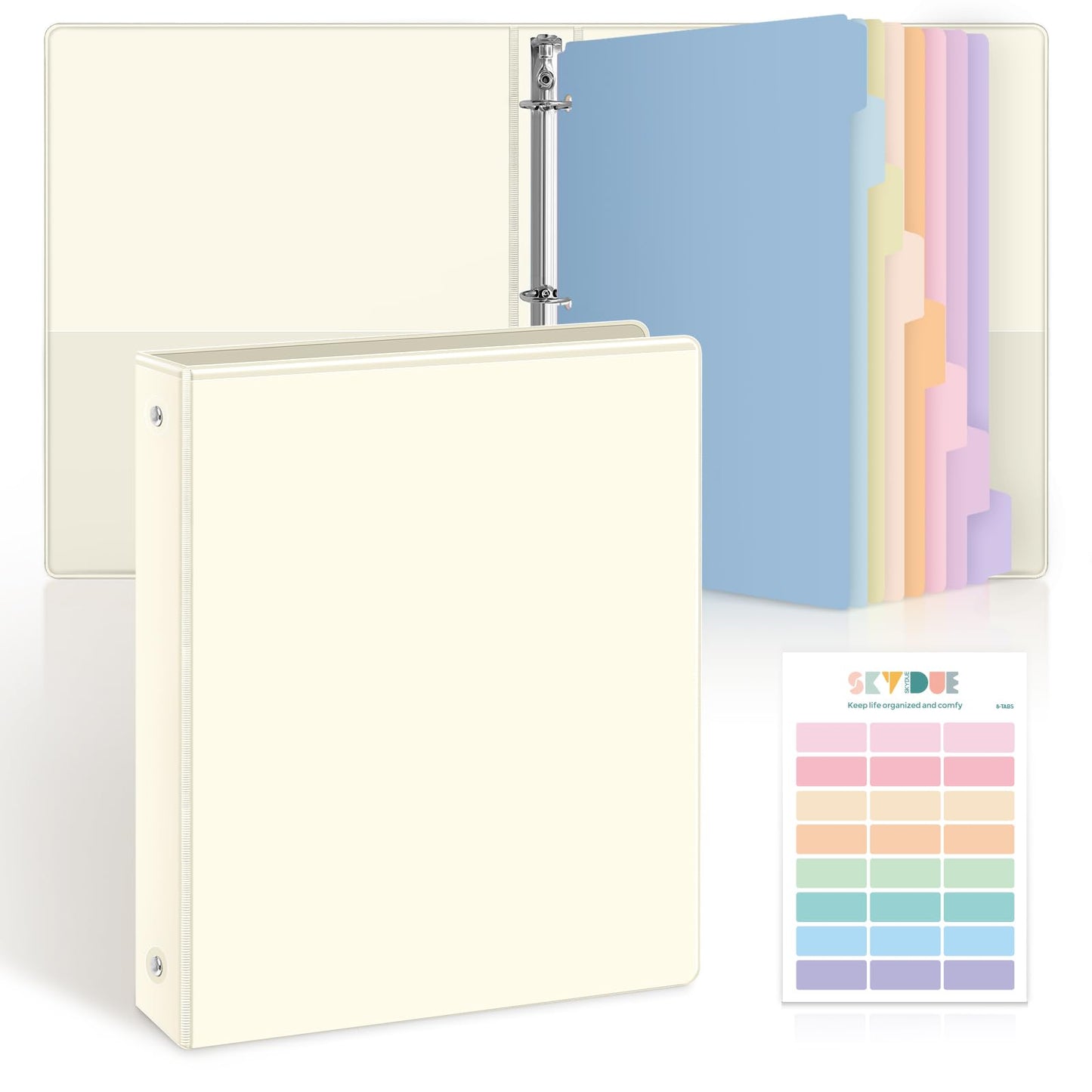 SKYDUE 1 Inch 3 Ring Binder with 8 Tab Dividers & 24 Labels, Pastel Binder Organizer for Letter Size Paper, Aesthetic School Binder for Notes, Documents, Office & Home Organization, Pearl White