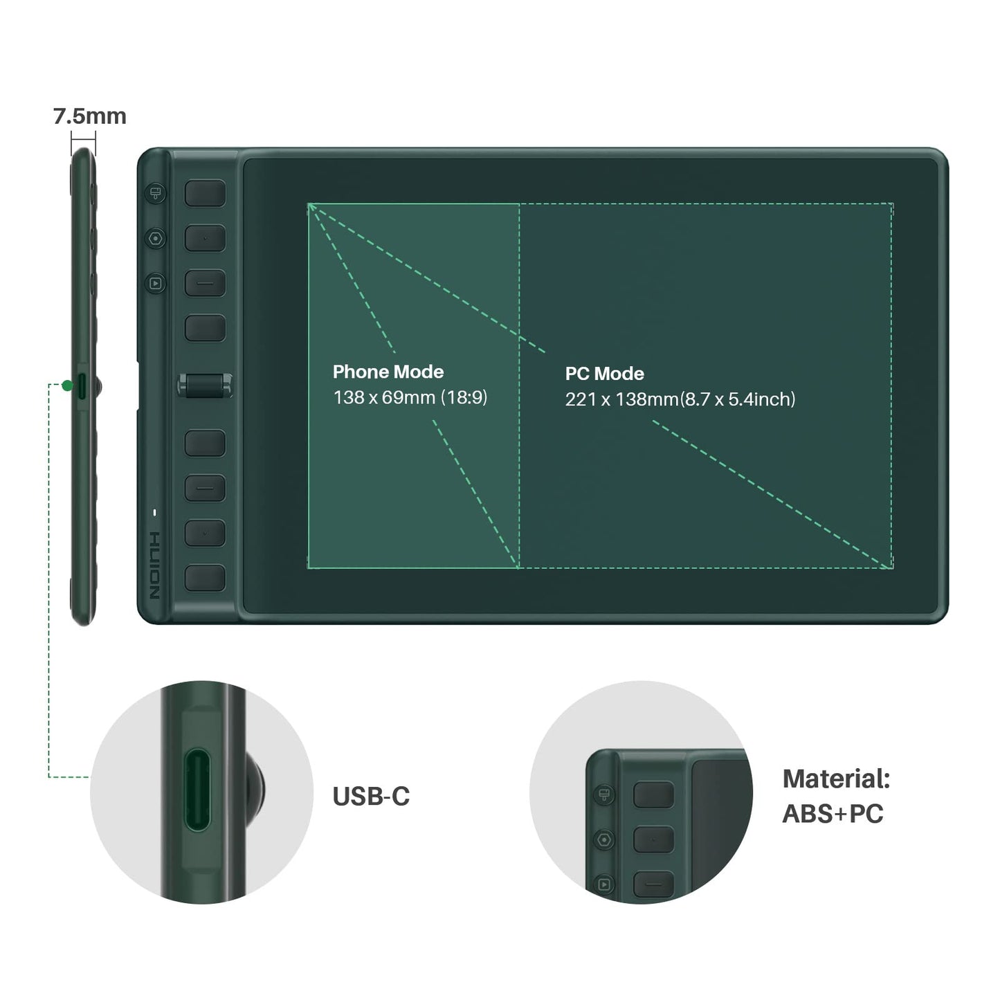 HUION Inspiroy 2 Medium Drawing Tablet with Scroll Wheel 8 Customized Keys Battery-Free Stylus for Digital Art, Design, Sketch, 9x5inch Graphics Tablet Works with Mac, PC & Mobile, Green