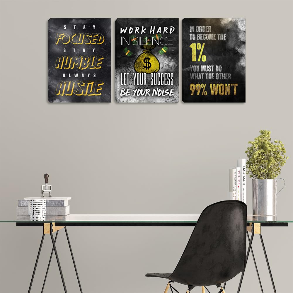 Modern Motivational Success Quotes Wall Art Canvas Art 3 Piece Black Wall Art Inspiring Entrepreneur Hustle Poster Prints Wall Decor Office Wall Decorations Framed Posters for Office(36''Wx 16''H)