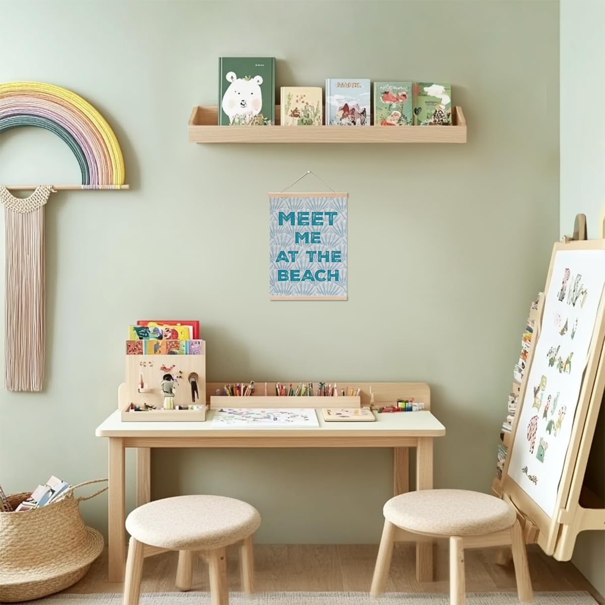 CQM Coastal Cowgirl Beach Room Decor Poster Hanger - Meet Me At The Blach, Aesthetic Seashell Wall Hanging Banner for Bedroom Classroom, Blue Posters Hangers Beach Decor for Girls Room