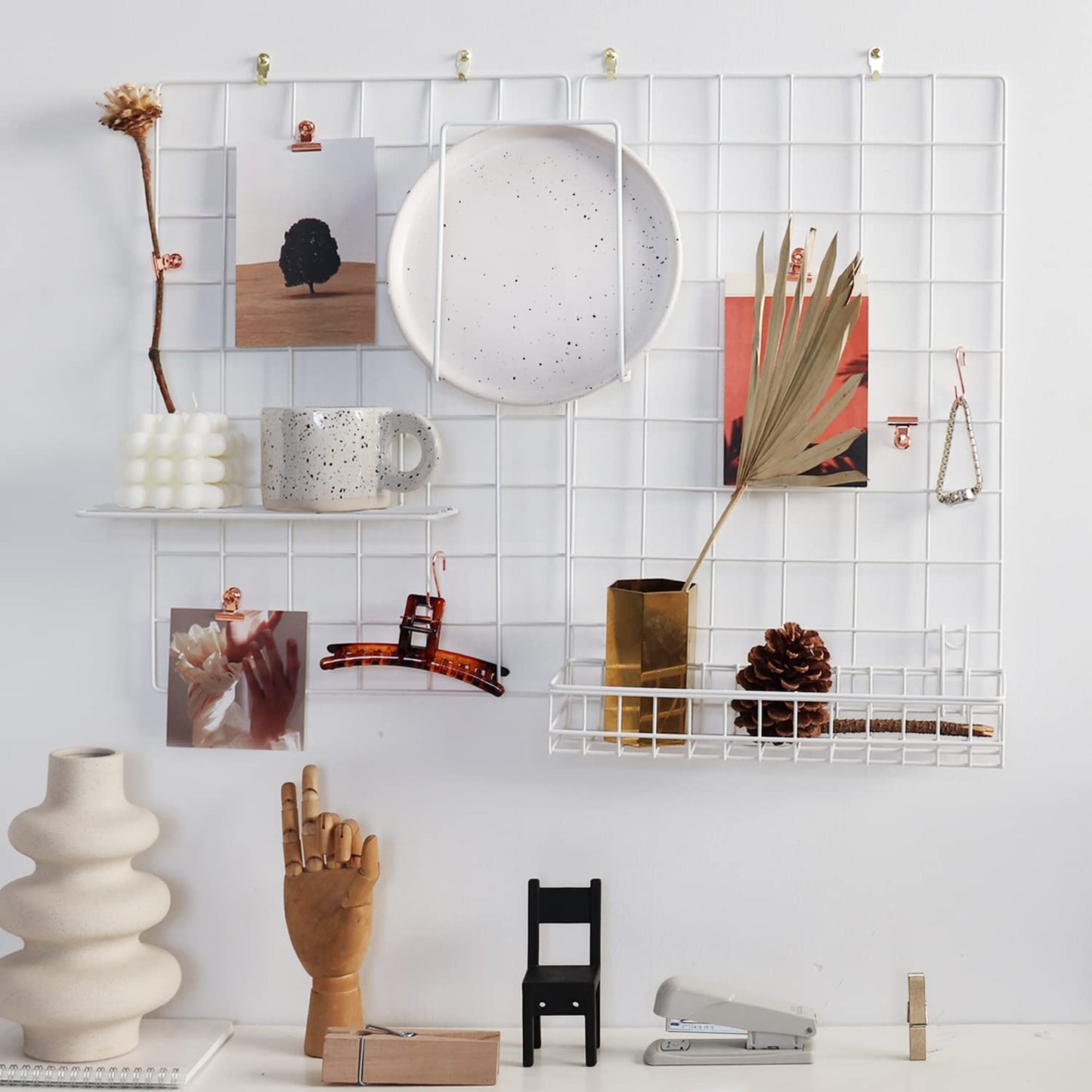 FRIADE Wall Grid Panel for Photo Display,Wall Storage Organizer,5 Metal Clips & 3 S Hooks & 4 Nails & 4 Plastic Hanging Buckles and 4 Screws Offered,Size 17.5" x 11.8",Set of 2 (White)