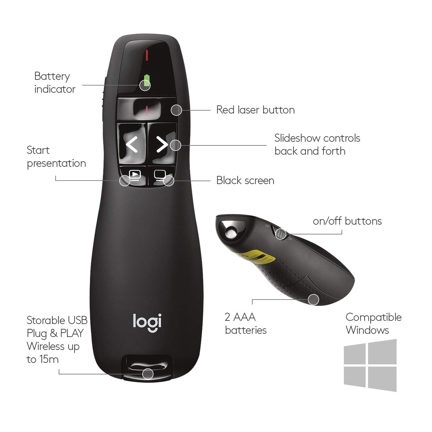 Logitech Wireless Presenter R400, USB-A PowerPoint Clicker with Laser Pointer, Wireless Presentation Clicker Remote