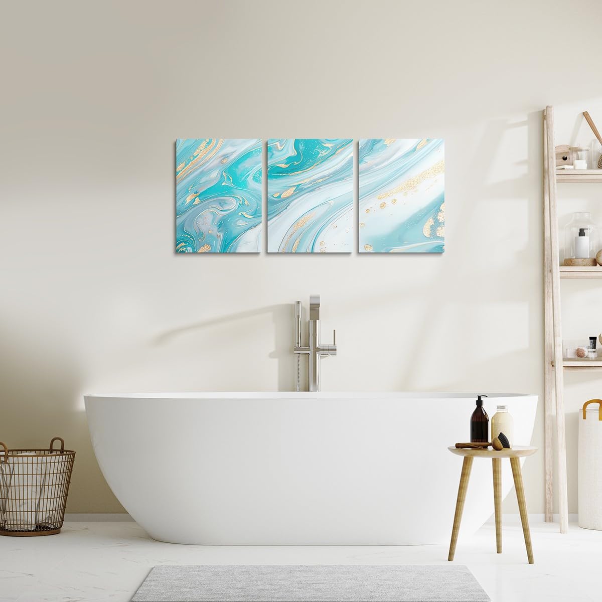 3 Piece Blue Marble Canvas Wall Art for Living Room Bedroom, Pastel Golden Blue Golden Paintings Wall Decor Modern Abstract Wall Art Luxury Decor Poster Prints Ombre Artwork Prints