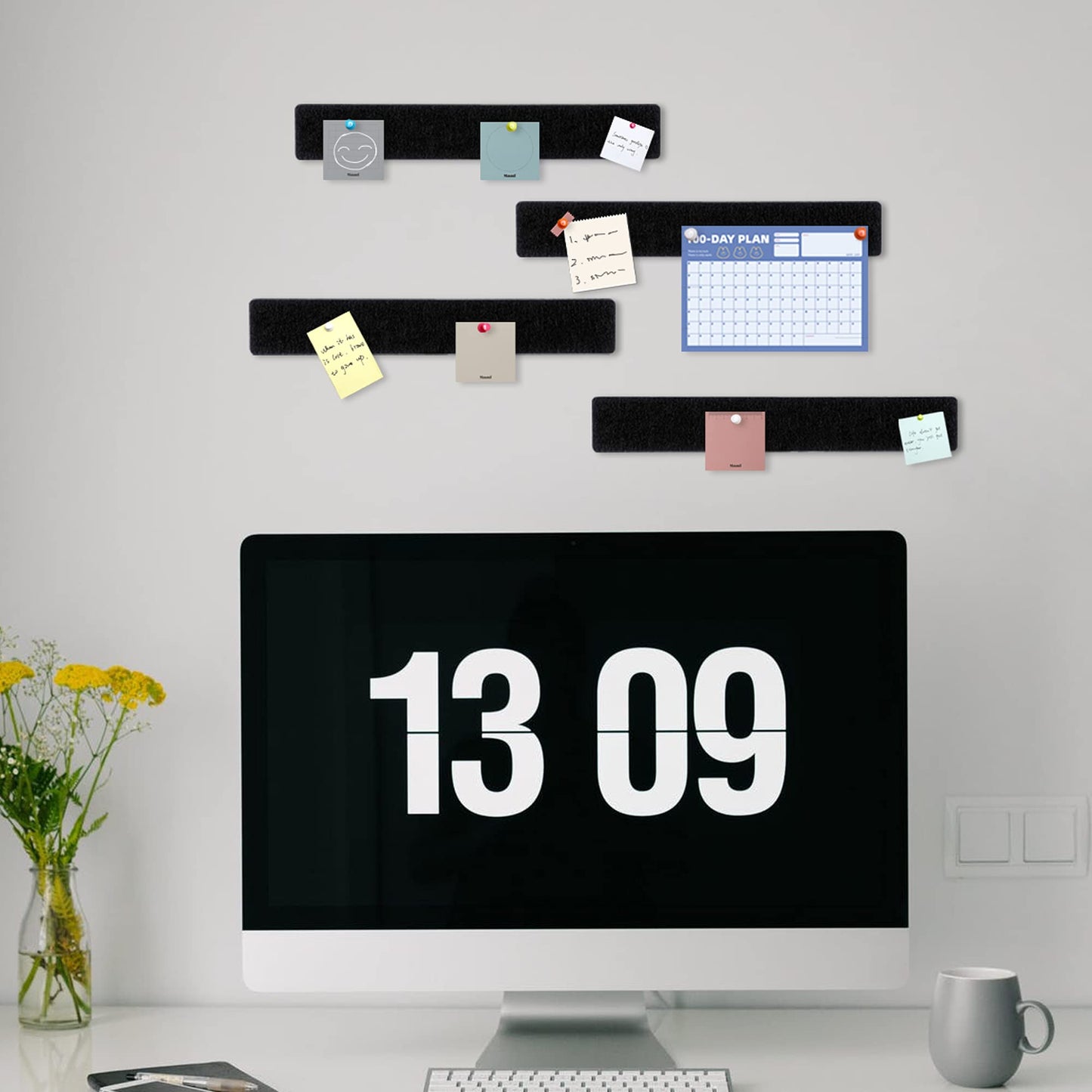 GoTiling Cork Board for Walls - 8 Pack Felt Pin Board Bar Strips - Self-Adhesive Lightweight Bulletin Board - Cork Board for Office with 40 Push Pins No Damage for Wall (White)