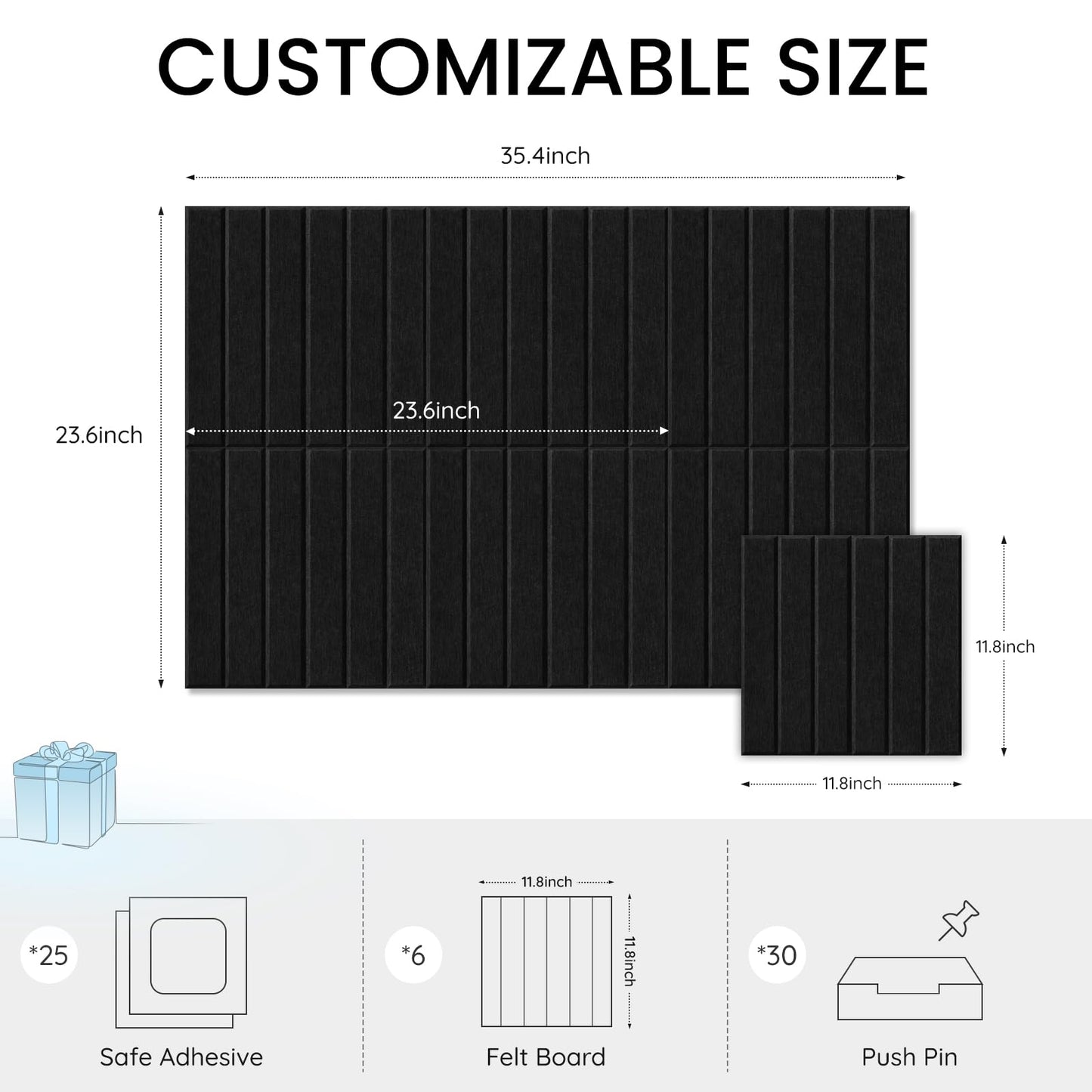 Large Cork Bulletin Board for Wall 36"x24", 6 Pack Felt Slat Wall Panel Tiles with 30 Pushpins, 25 Safe Removable Adhesive Tabs, Decorative Pin Board Tack Board for Office Home School