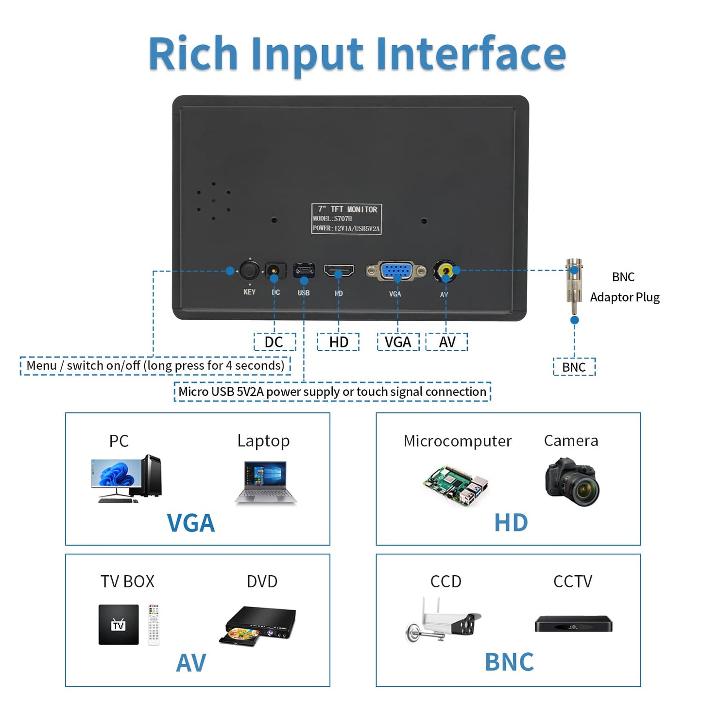 Qcvoruno 7 inch Touch Security Monitor & Displays, HD/BNC/AV/VGA/USB Input, 1024 * 600 Resolution, Built-in Dual Speakers Portable LCD Touch Monitor, Suitable for Game PC DVD DSLR CCTV