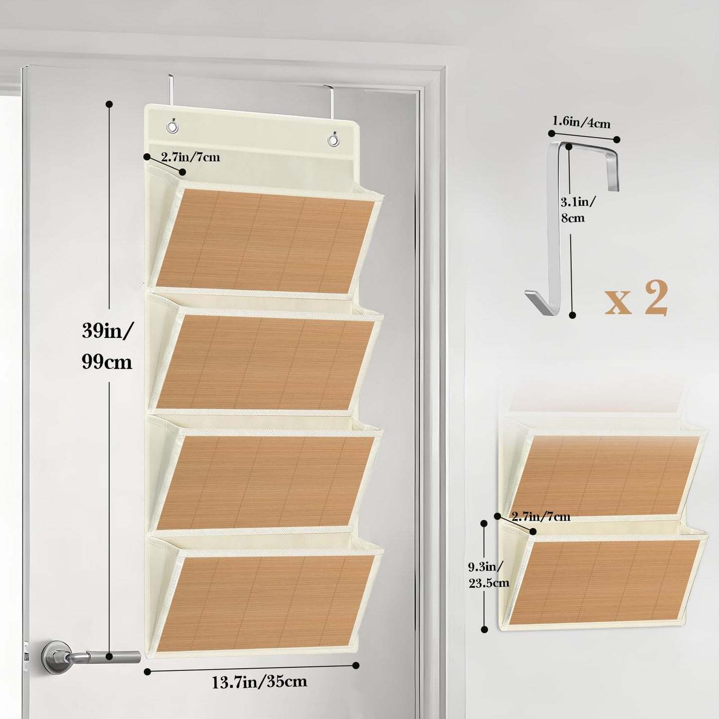 homyfort hanging wall file organizer, Over the door file folder organizer with 4 Large Bamboo Pockets, Suitable for Home, Office, Back to School Supplies Storage and Organization (Beige)