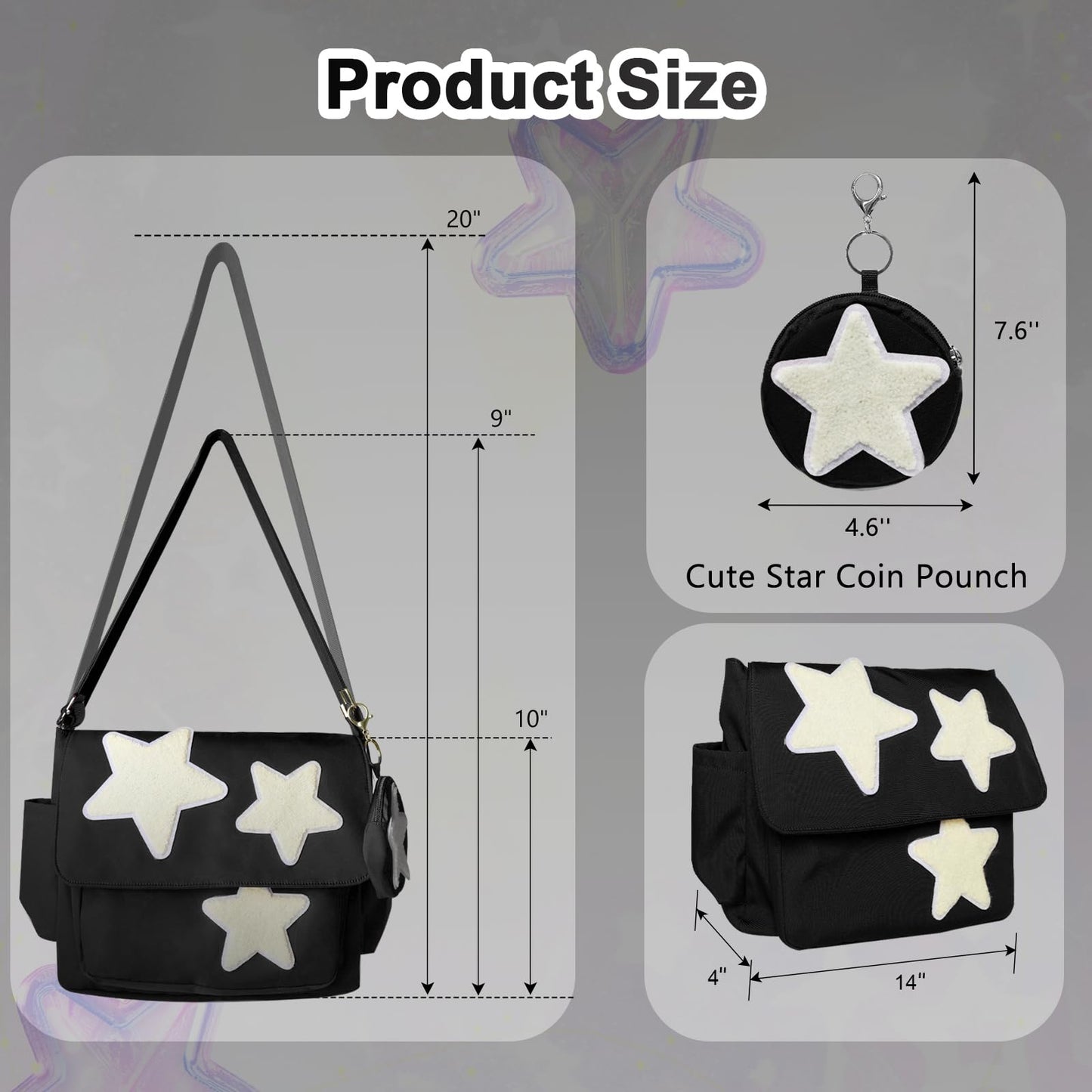 GUSTANO Y2K Messenger Bag for Women, Lightweight Spacious Stars Tote Purse with Cute Coin Purse, Crossbody Bag Shoulder Everyday Bag with Multi Pockets, Chic and Functional (Black)