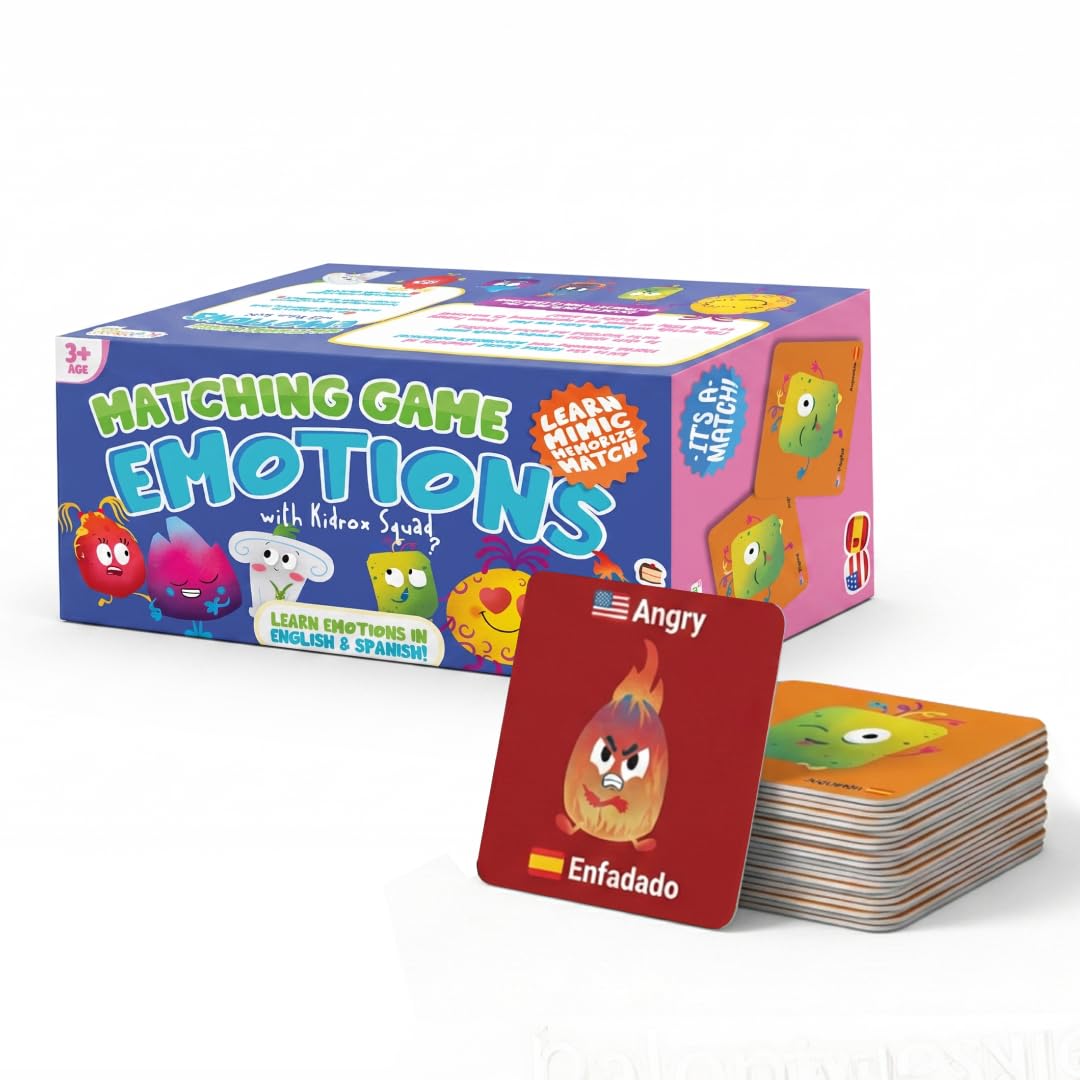 Kidrox Emotions Matching Game – Bilingual Memory Card Game in English & Spanish for Kids Ages 3+ | Learn & Mimic Emotions with Kidrox Squad | Premium Magnetic Box | 40 Tiles