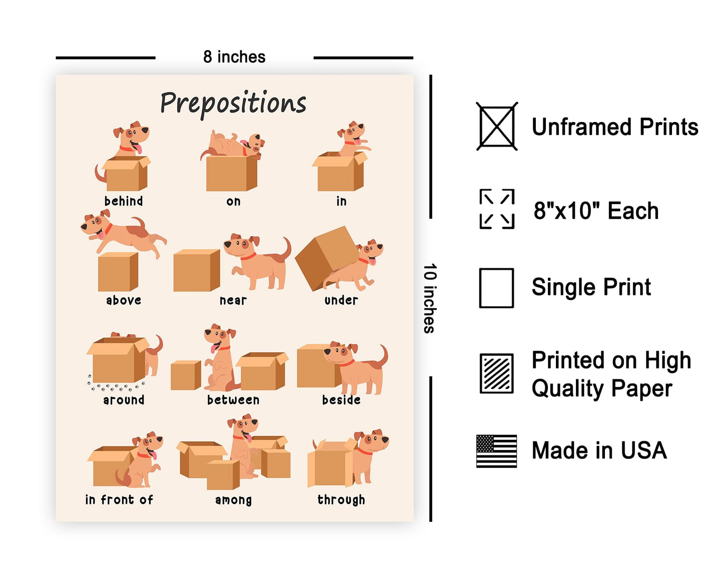 Poster Master Prepositions Poster - Educational Print - Learning Materials Art - Cat & Box Art - Gift for Kids, Students & Teacher - Great Wall Decor for Classroom or Library - 8x10 UNFRAMED Wall Art