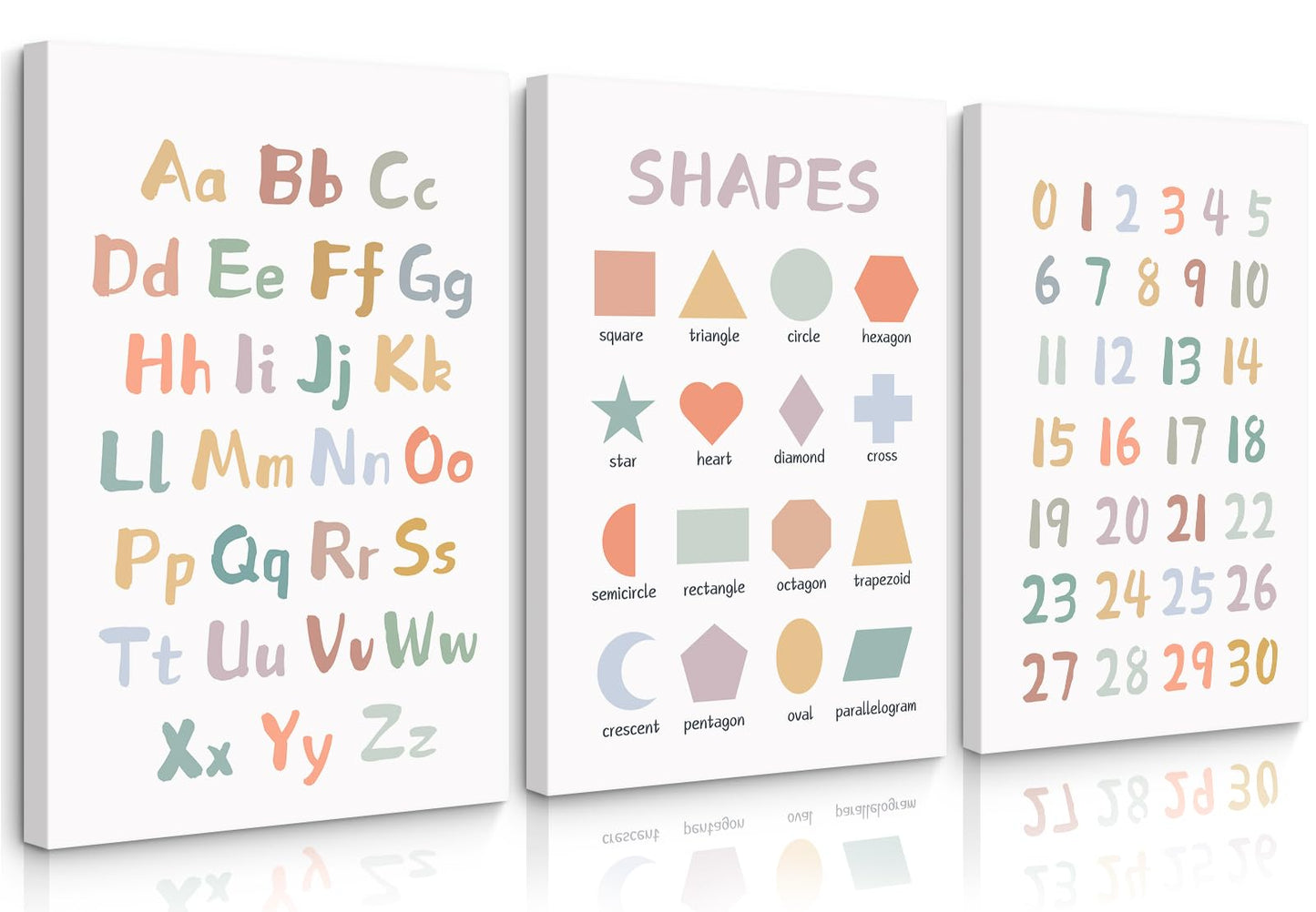 Kids Playroom Wall Art Decor Nursery ABC Alphabet Poster Play Room Canvas Wall Decor Toddler Childrens Educational Artwork Numbers Shapes Prints ABC Picture for Playroom 12x16 Inch Ready to Hang 3Pcs