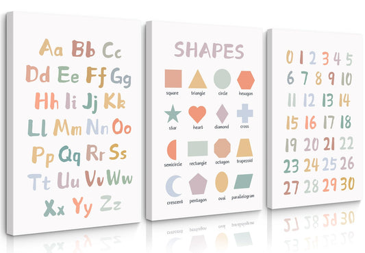 Kids Playroom Wall Art Decor Nursery ABC Alphabet Poster Play Room Canvas Wall Decor Toddler Childrens Educational Artwork Numbers Shapes Prints ABC Picture for Playroom 12x16 Inch Ready to Hang 3Pcs