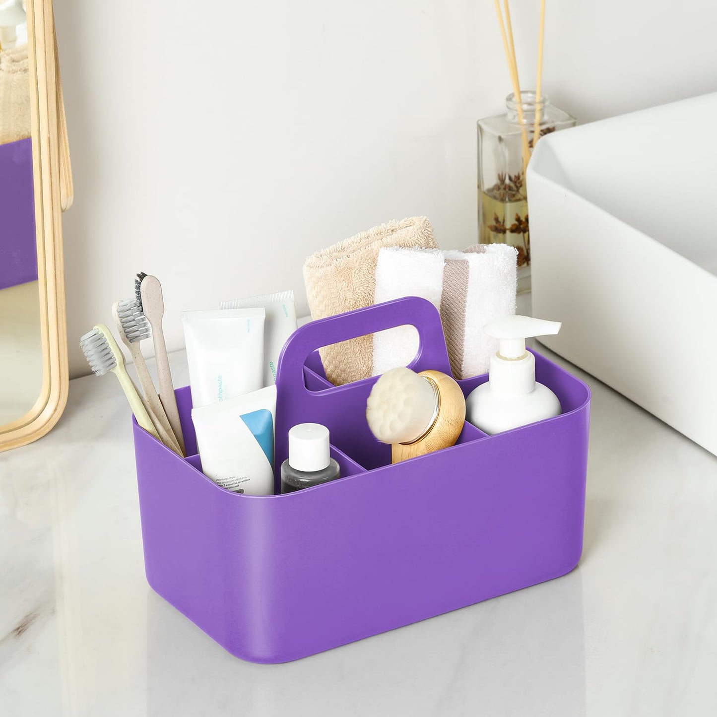 Multiuse Caddy Organizer with Handle, Portable Divided Plastic Tote Bin - Art Craft, Stationary Pen Marker Crayon, Makeup Hair Supplies Storage - Bathroom, Classroom, Dorm, Office, Desk Holder -Purple