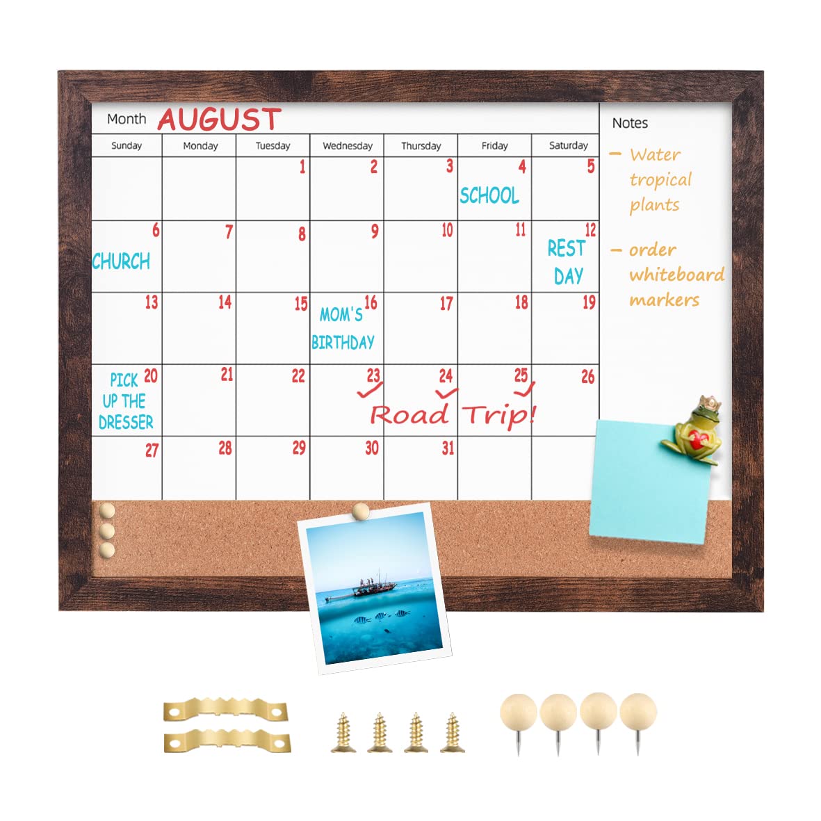 Dry Erase Calendar Whiteboard for Wall, 13" x 17" Small Combination Magnetic Dry Erase White Board & Bulletin Board, Walnut Brown Frame Calendar/Cork Combo Board(WB-3343-B)