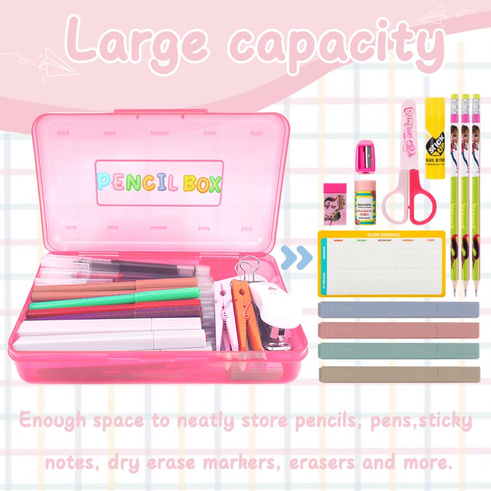 Blue Large Plastic Pencil Box 3 Pack with Aesthetic Design and Hard Case, Comes with Stickers in Pink and Clear Colors