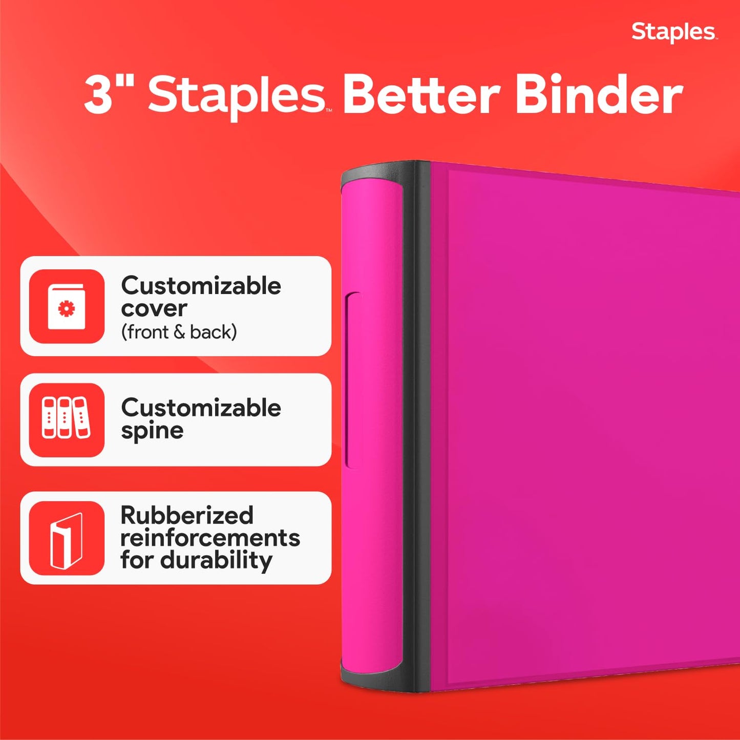 Staples Heavy-Duty 3-Inch D-Ring Binder, Pink – Large Capacity 3-Ring Binder, Holds Up to 600 Sheets for School & Office