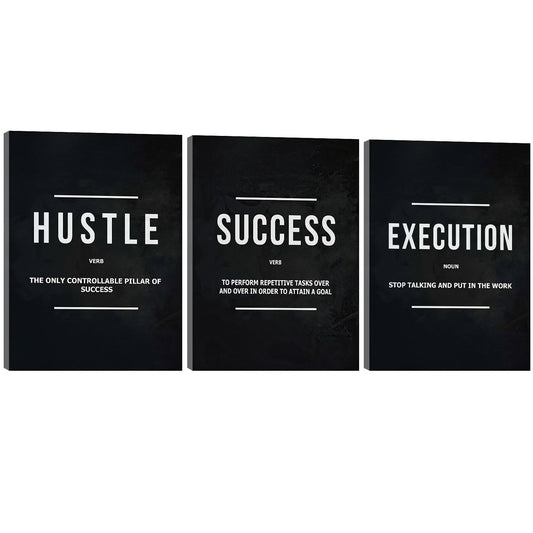 Halioyo Motivational Wall Art, 3 Pane Inspirational Canvas Prints with Positive Saying, Hustle Success Office Wall Decor for Living Room, Bedroom, Workspace, Ready to Hang(12x16 inch)