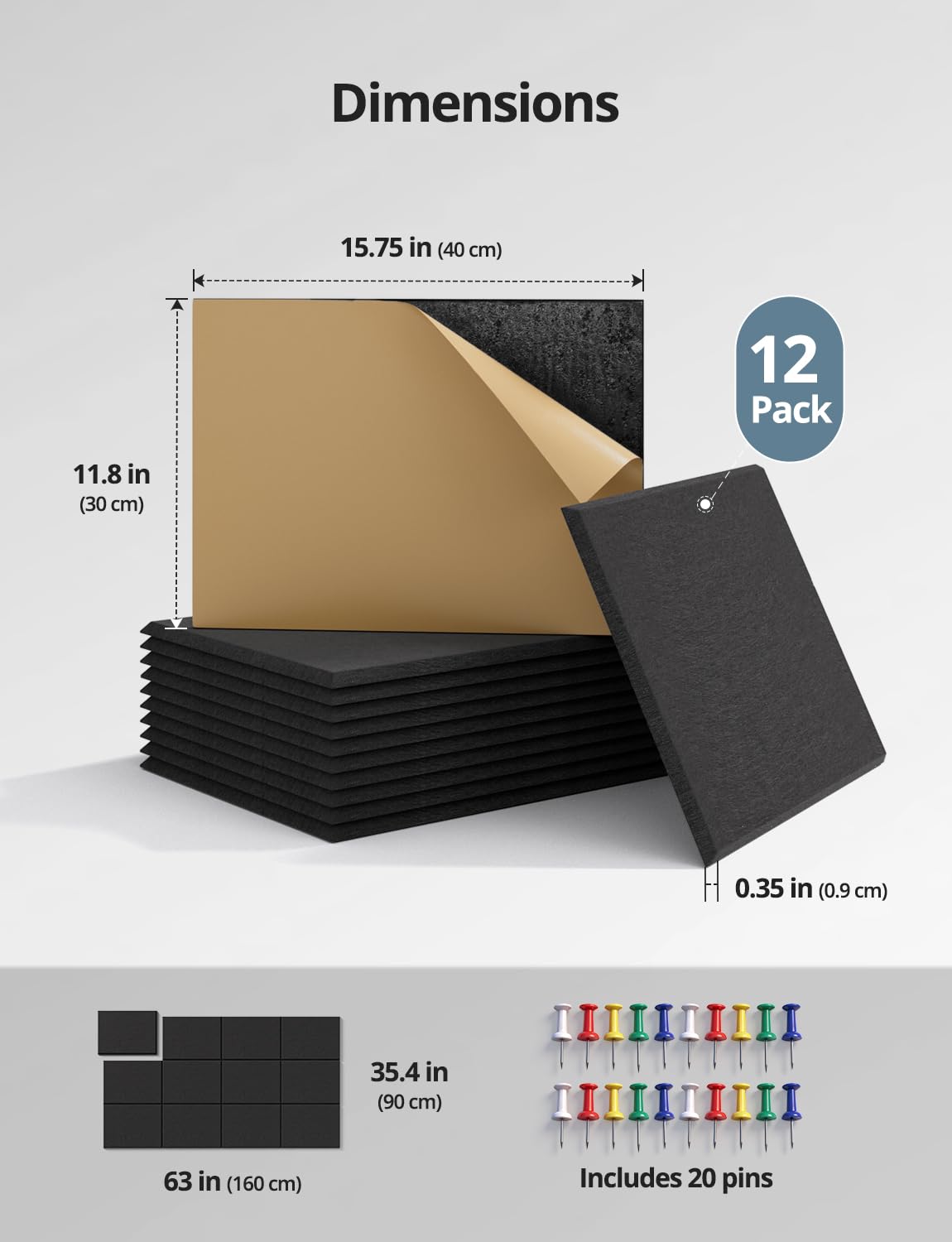 Kuchoow Large Felt Bulletin Cork Board Self-Adhesive Black Pin Wall Tiles, 48'' x 36'' Rectangular Vision Tack Panels for Classroom Office Display 12 Pack Corkboard for Kitchen Bedroom Home Decor
