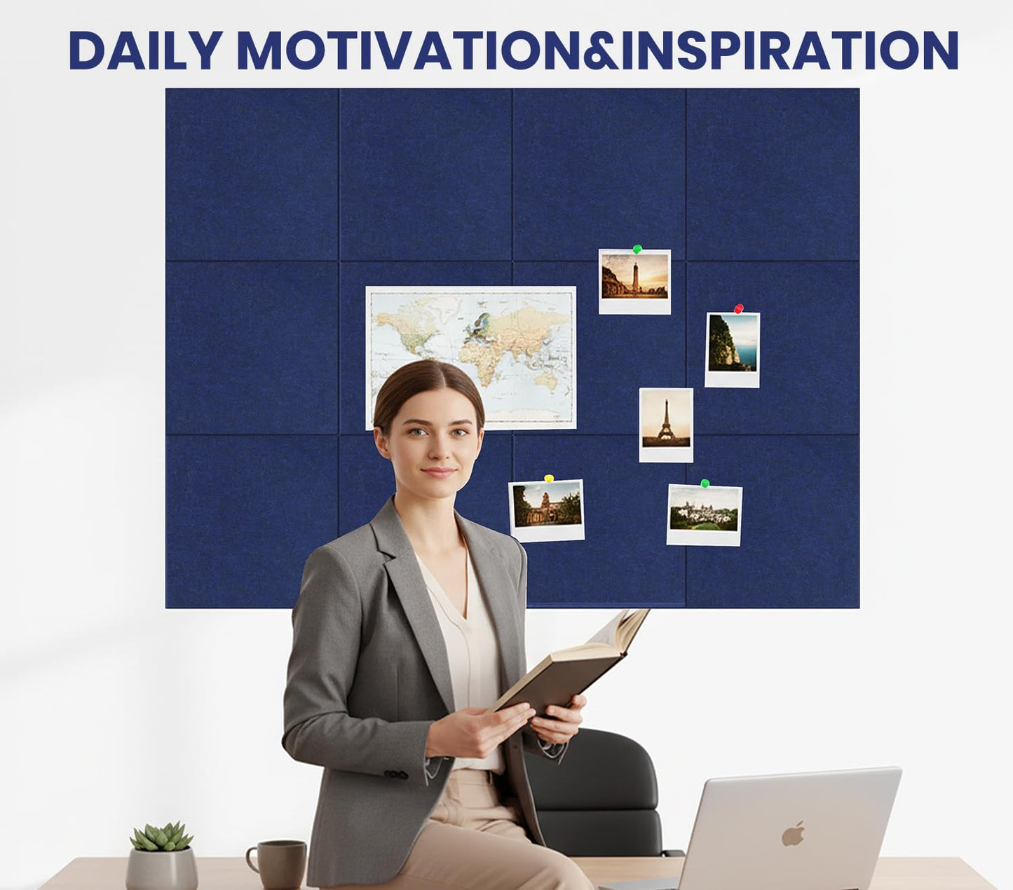 Large Cork Board Alternative 36" X 24" Bulletin Board - 6 Pack Removable Felt Wall Tiles with 20 pushpins, Large Cork Boards for Walls Cork Board for Office Pin Board Tack Board - Denim Blue