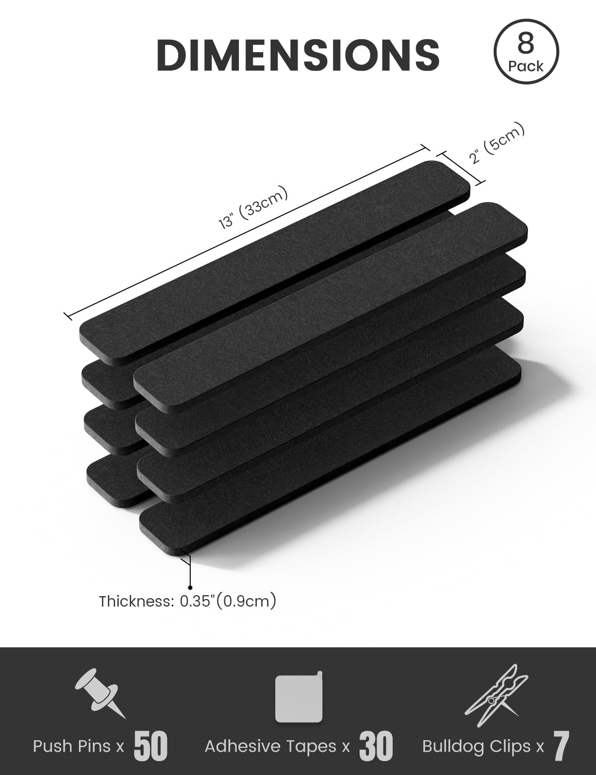 Fluxynara Cork Board Alternative Felt Strip Board 8-Pack 13"x2", Office Pin Board with 50 Push Pins, Adhesive Install for Bedroom Door & Home Office (Black)