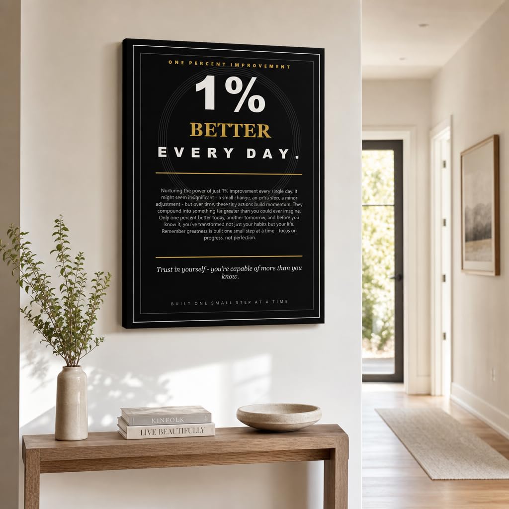 PJQART Inspirational Posters for Office 1 Percent Improvement Quote Wall Art, Black Gold Canvas Poster for Home Office Dorm Classroom, Single Panel Framed Decor 24x18 Inch