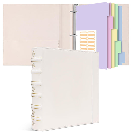 Ospelelf Leather 3 Ring Binder 2 Inch, Vintage D Ring Binder with Pockets and 5 Tab Dividers, Hardback Book Style Document Organizer Fits Letter Size for Home and Office White
