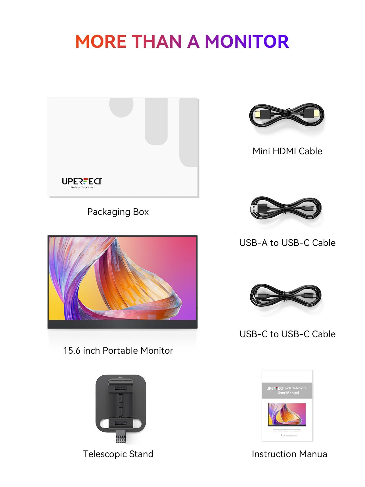 UPERFCET Portable Monitor, 15.6" 1080P 125% sRGB 2000:1 Contrast Ultra-Slim Laptop Monitor with Stand VESA USB-C Mini HDMI, Travel Second Screen for Computer, Phone, Mini PC, Game Consoles