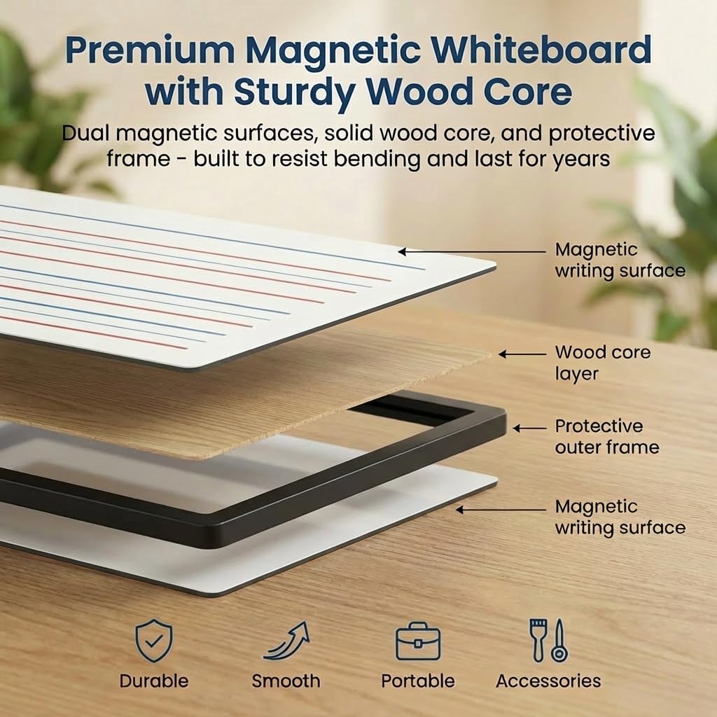 Magnetic Dry Erase Boards 6 Pack for Classroom, Double Sided Small Whiteboard Lap Boards 9x12, Lined & Blank Magnetic White Boards for Kids, Students & Homeschool