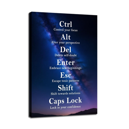Ctrl Alt Del Signs Inspirational Canvas Wall Art Confidence Quote Motivational Poster Keyboard Inspiring Painting Prints Wall Pictures for Living Room Office Home Decor Framed Artwork [12''W x 18''H]