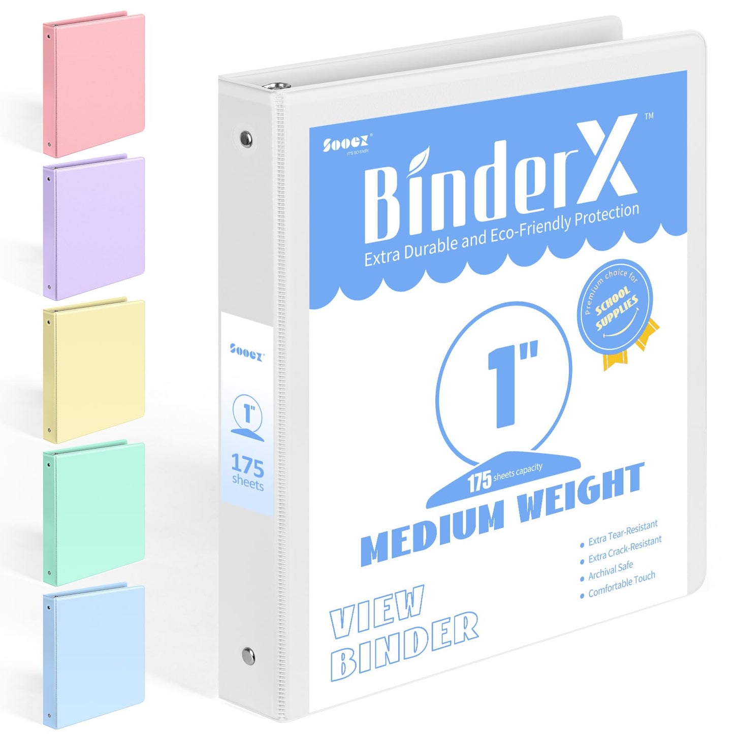 BinderX Extra Durable 3 Ring Binder, Round Ring 1 Inch Binders, Fits 175 Sheets of 8.5x11 Paper, Customizable View Cover with Inside Pockets, Cute 1" Binder, School Supplies for Girls, White