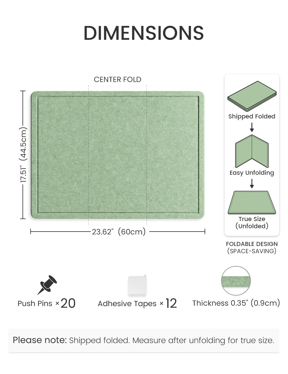 Fluxynara Bulletin Board, 23.6" x 17.5" Cork Board Alternative with 12 Safe Removable Adhesive Tabs, Foldable Felt Pin Board for Home Office, Classroom, Bedroom,Entryway for Walls—Moss Green