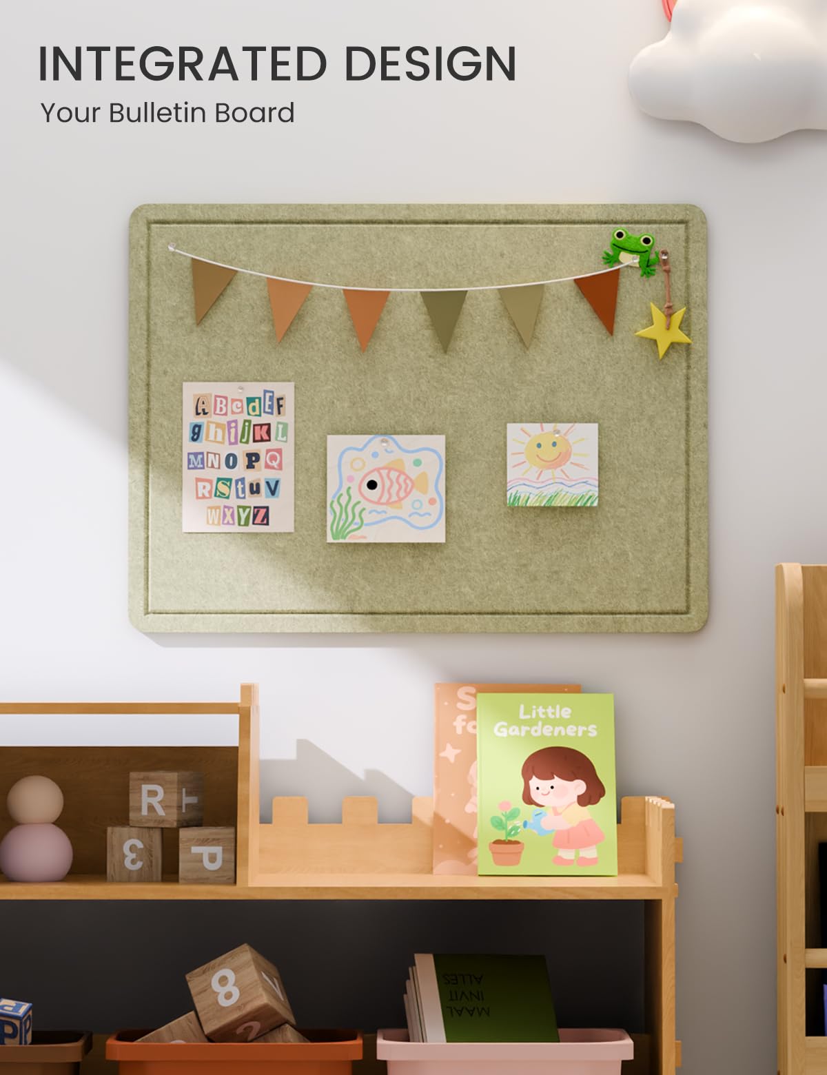 Fluxynara Bulletin Board, 23.6" x 17.5" Cork Board Alternative with 12 Safe Removable Adhesive Tabs, Foldable Felt Pin Board for Home Office, Classroom, Bedroom,Entryway for Walls—Olive Green