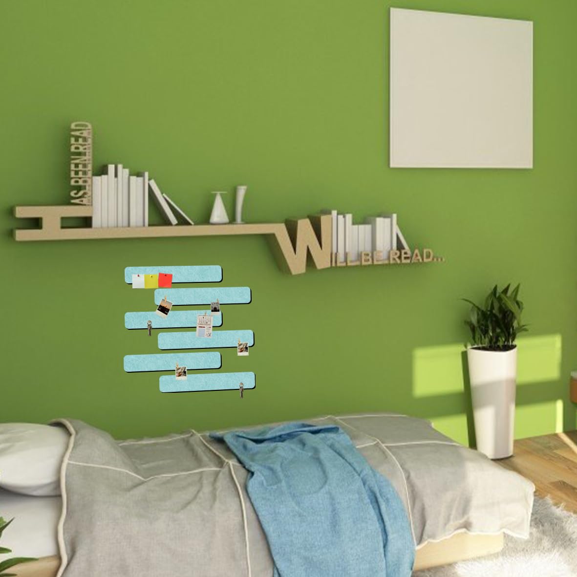 Vuzvuv 8 pcs Bulletin Board Bar Strips with 50 Pushpins & 10 Wooden Clip pins，Self Adhesive Cork Board for Wall，Felt Pin Board for School，Office Decor(Mint Green)