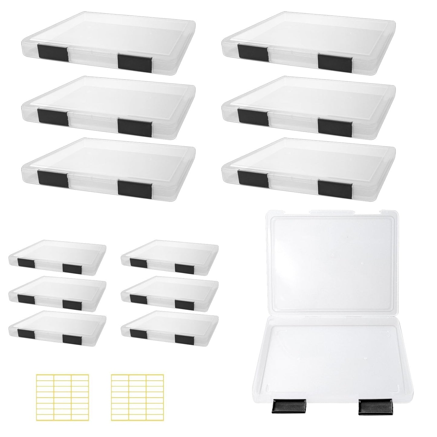Olutacot 12 Pcs Clear A4 A5 File Box Document Plastic Storage Box with 48 Labels File Holder Organizer Box Paper Plastic Case Magazine Protector with Buckle Office School Supplies(Black)